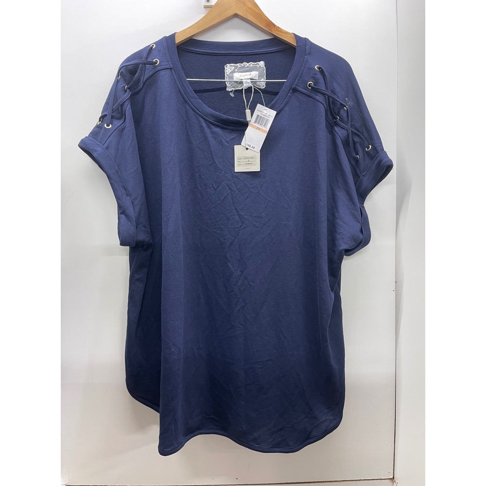 Cupio Womens Navy Blue Lace Up Shoulder Short Sleeve Top 2X CBTP03775V